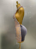 Sexy Sparkly Rhinestones Halter Backless Mesh Velour Short Dress Women Evening Prom Celebrate Birthday Party Stage Wear