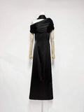 Formal Evening Party Solid Dress for Women Diagonal Collar Off Shoulder High Waist Elegant Maxi Dresses with Ribbon Female