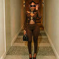 Sexy Hollow Out Jumpsuits Woman Trend Metal Buckle Decoration Full Sleeve Skinny Peach Hip Party Club Street Overalls