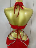 Luxury Rhinestone Red Sexy Cut Out Two Piece Pants Bandage Set 2026 Women Celebrity Designer Fashion Women's Set Stage Outfit