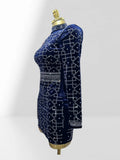 Women's Autumn Winter Rhombus Rhinestone Waist-Hugging Blue Velvet Dress Glam Luxury Party Evening Stage Performance Gown Dress