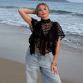 Sexy Cape Style Lace Perspective Top Women Half High Neck Short Sleeve Solid Irregular Pullover Lady Chic Casual Beach Top Cloth