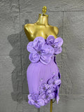 Strapless 3D Handmade Flower RhinestoneBandage Mini Dress Women Sky CorsetBodycon Short Cocktail Party Evening Dress