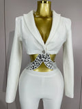 Women Celebrity Designer Fashion Women Luxury Birthday Set Sexy Cut Out Long Sleeve Beading Bodycon Two Pieces Pants Bandage Set