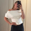 Women Summer Top Fashion Button-Front Patchwork V-Neck Pleated Fitted Top New Casual High-Street Party Female T-Shirts