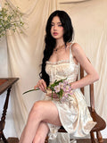 Medieval Retro Satin Mini Dress & Lace Shorts Coquette Floral Corset Camisole Rompers Date Party Summer Women Clothes
