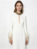 Beaded Feather Formal Evening Dress Apricot Long Sleeves Slim fit Women's Gowns Elegant Wedding Party Dress