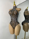 Women Sexy Sparkly Rhinestone Halter Mesh See Through Bodysuit Nightclub Performance Dance Costume Singer Stage Wear
