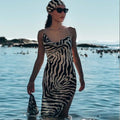 Sexy Backless Long Dress with Kerchief for Women Halter Sleeveless High Waist Split Striped Design Dresses Female
