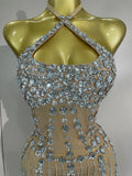 Women Luxury Crystals Diamonds Sexy Halter Mesh See Through Celebrate Birthday Gowns Evening Party Nightclub Singer Stage Wear
