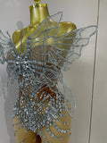 Sexy 3D Butterfly Strapless Mesh See Through Jumpsuit Sparkly Silver Diamond Eveing Party Birthday Bar Nightclub Stage Costumes