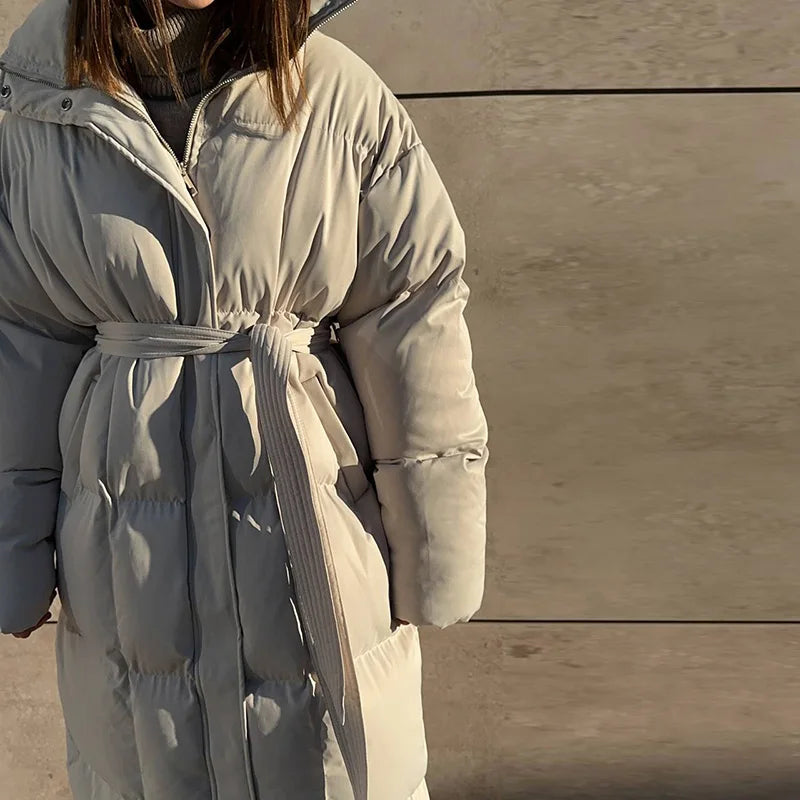 Warm Stand Neck Cotton Long Coats Women Elegant Single Breasted Zipper Belt Lace Up Outwear Female Winter Chic High Streetwear