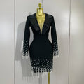 Women Celebrate Eveing Party Club Luxury Birthday Dress Elegant Black V Neck Pearls Beaded Long Sleeves Bodycon Bandage Dress