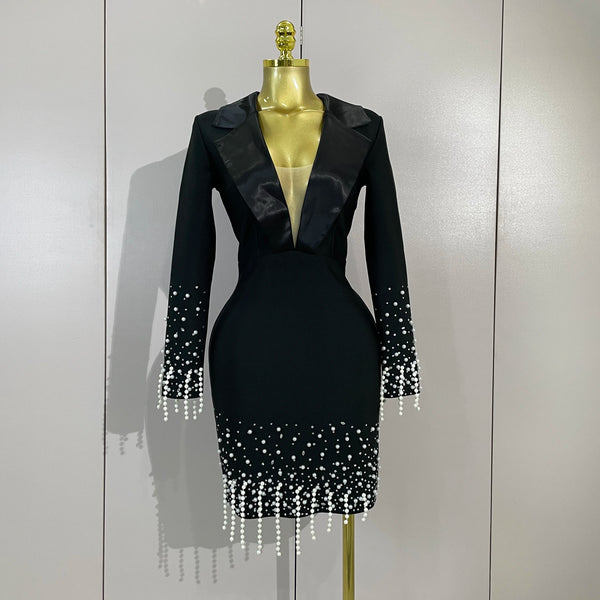 Women Celebrate Eveing Party Club Luxury Birthday Dress Elegant Black V Neck Pearls Beaded Long Sleeves Bodycon Bandage Dress