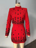 Fashion Women's Heavy Industry Diamond Two Piece Set Short Long Sleeve Tops Wrapped Hip Mini Skirt Female Outfit
