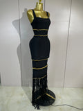 Elegant Black Sexy Square Collar Tassel Sleeveless Bodycon Bandage Dress Women Celebrity Evening Party Prom Birthday Dresses