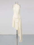 Solid Loose Spliced Folds Chic Dress for Women O Neck Sleeveless Irregular Luxury Dresses Female Summer Fashion New