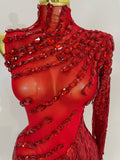 Sparkly Rhinestones Tassel Sexy See-Through Dress Women One Shoulder Latin Dance Outfits Bar Nightclub Party Stage Costume