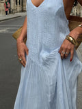 Blue Halter Pleated Long Beach Dress Women's Backless Sleeveless Puff Maxi Dresses Summer Evening Party Holiday Vacation New In