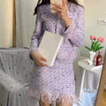 High Quality Elegant Violets Tweed Women Set Single-breasted Feather Beaded Tassel Jacket & High Waist Shorts Suit Fashion Party