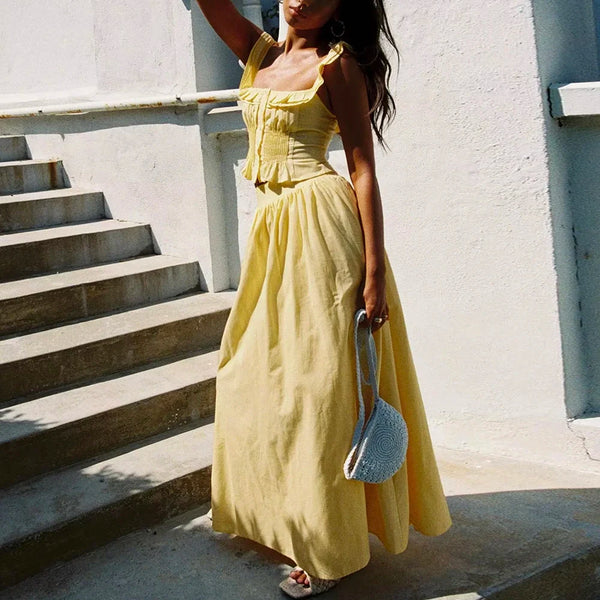 Solid Two Piece Set Dor Women Square Neck Sleeveless Top High Waist Loose Skirts Sets Female Fashion