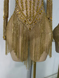 Sparkly Rhinestones Fringes Tight Bodysuit Women Sexy Mesh See Through Performance Stage Outfit Luxury Birthday Party Wear