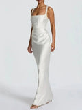 Sexy Satin Evening Long Dresses for Women Square Collar Sleeveless High Waist Folds Slimming Bodycon Dress Female