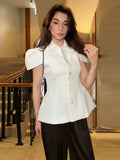 Vintage Women Satin Solid Jacket Puff Short Sleeve Single Breasted Waist Top Fashion All-match Retro 2026 Spring Summer Coat