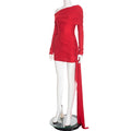 Sexy Christmas Dress Women Ruched Elegant Ribbon Irregular Full Sleeve Evening Skew Collar Skinny Peach Hip Bodycon