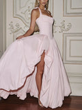 Glamorous Elegant Pink Halter Dress for Women Sleeveless Corset Waist High Slit Ball Gown for Luxury Dinners Celebrations