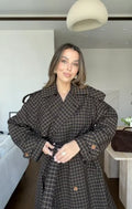 2026 Women Winter Plaid Trench Coat Single Breasted Waist Tie Loose Jacket Autumn High Street Daily Chic Hot Lux Outerwear 2026