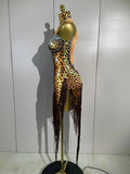 Sexy Leopard Print Stretch Dress Women Sparkly Rhinestones Tassel One Shoulder Latin Dance Outfits Nightclub Party Stage Costume