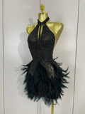 Women Luxury Rhinestones Pearls Feathers Halter Backless Short Dress Women Sexy Celebrate Birthday Dress Nightclub Stage Costume