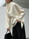 Elegant folds Women Shirts stand collar long Sleeve loose shirt for Office Business Banquet Wear Fashion autumn new