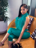 Furry Sexy 2 Piece Set Women Tracksuit Backless Tank Tops+High Waist Hollow Bike Shorts Nightclub Matching Outfits