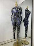 Women Sexy Spandex Tight Jumpsuit Long Sleeve Mirrors Cosplay Costume Nightclub Dancer Outfit Performance Stage Wear