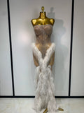 Women Sexy Strapless Sparkly Diamonds Tassel Mesh See Through Dress Celebrate Birthday Evening Party Nightclub Stage Costume