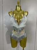 2026 New Sexy Nightclub Bar DJ Performance Dancer Stage Costume Sparkly Rhinestones Feathers Tassels Mesh See Through Bodysuits