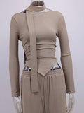 Solid Two Piece Set for Women Slash Neck Irregular Hem Long Sleeve Top High Waist Straight Pant Casual Suit Female