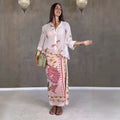Bow Tie Neck Women Floral Print Set Long Puff Sleeve Cuff Trim Loose Blouse Vibrant Ethnic Midi Skirt Straight Hem Street Daily