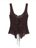 Sexy Lace Up Ruffles Vest Women See Through Hollow Out Slash Neck Solid Tops 2026 Spring Summer Chic Streetwear Clothes Lady