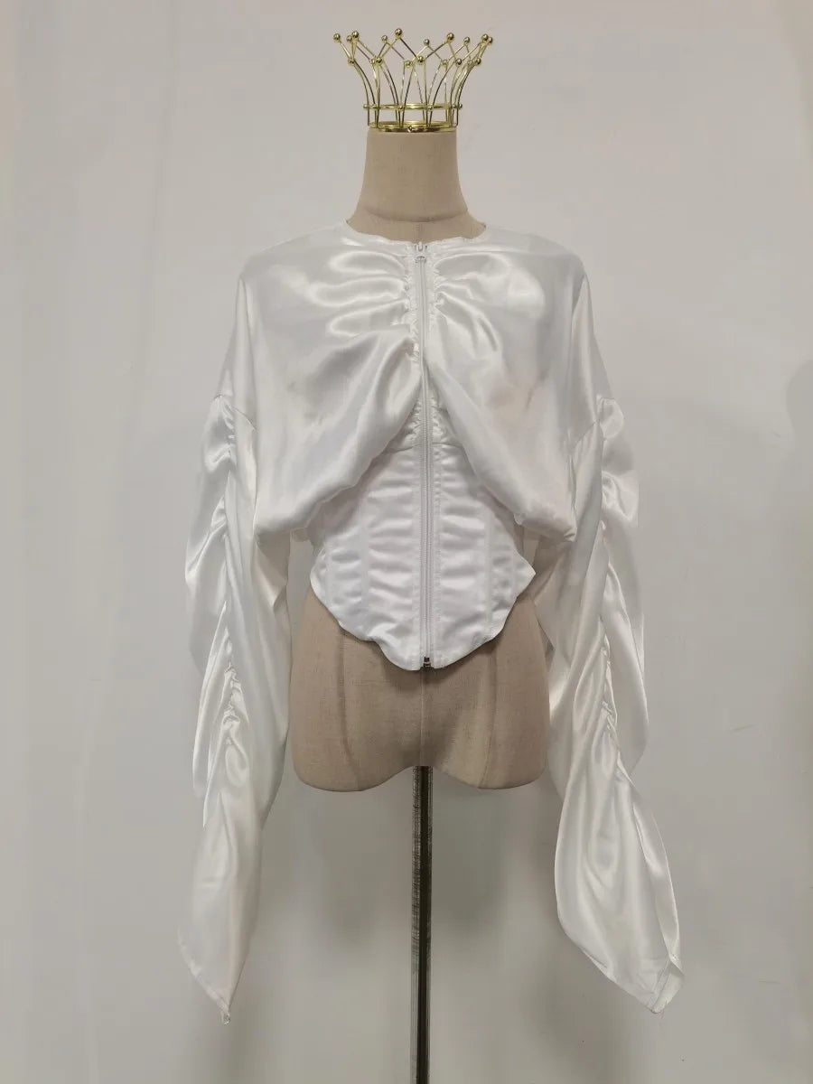 Vintage Patchwork Fish Bone Tunic Blouse for Women O Neck Puff Sleeve Spliced Zipper High End Shirts Female Autumn