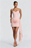 Women Sweetheart Strapless Corset Mini Gown Ruched Lace Sash Slim Fit Wedding Guest Summer 2026 Hot Luxe Party Evening Dresses