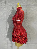Lady Fish scales shell sequins Scale Sequin Bodysuit HighNeck Short Sleeve Ruffle Skirt Costume For Women Nightclub Stage Wear