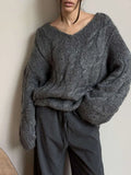 Women's Cable Knit Sweater V Neck Long Sleeve Oversized Loose Chunky Twist Pullover Tops Casual Autumn Retro Commute Top