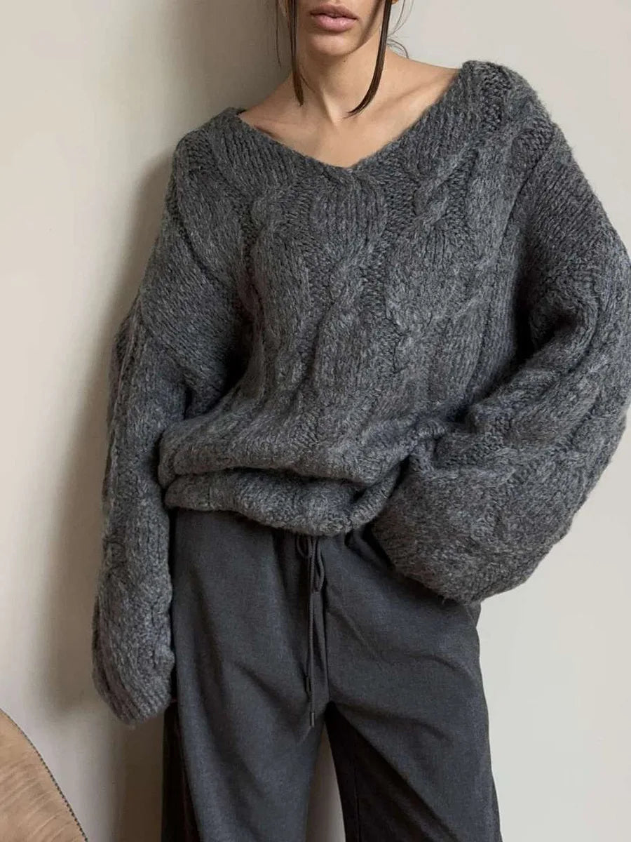 Women's Cable Knit Sweater V Neck Long Sleeve Oversized Loose Chunky Twist Pullover Tops Casual Autumn Retro Commute Top