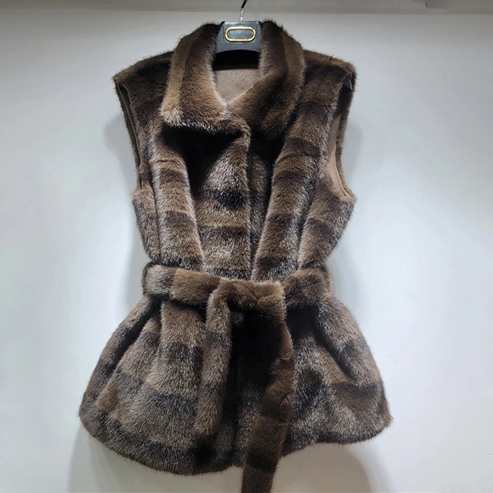 Street Vintage Spliced Lace Up Slimming Waistcoat for Women Stand Collar Sleeveless Fur Tank Top Female Winter Fashion Style