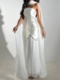 Evening Patchwork Ribbon Dress for Women Strapless Spliced Pearls Decoration Slim Fairy Mesh Maxi Dresses Female
