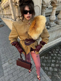Camel Plaid Wool Blend Blazer Women Belted Waist Faux Fur Collar Vintage Shoulder Pads Coats Elegant Winter Outerwear Jackets