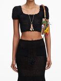 Black 3D Floral Hollow Knit Two Piece Set for Women Square Collar Short Sleeve Crop Top Mermaid Mid Skirt for Beach Vacation